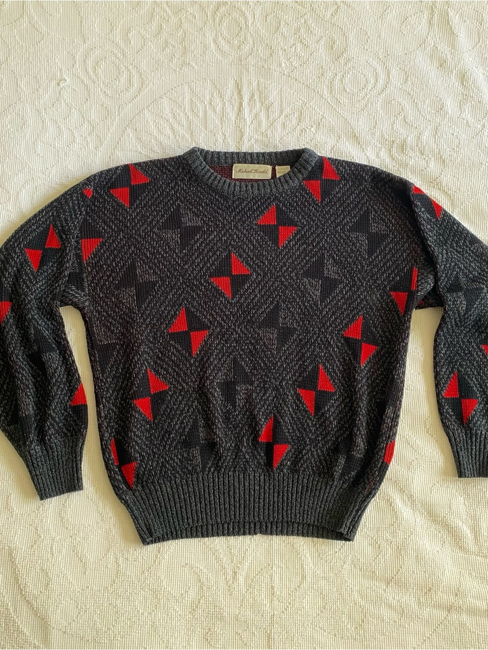 Charcoal Patterned Crewneck Sweater with Red Accents